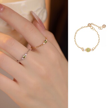 小茉莉｜S925纯银橄榄绿手指链条戒指女镀金法式复古食指环可调节