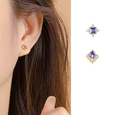 薰衣草｜S925纯银镶嵌紫色锆石小方糖耳钉女轻奢复古精致闪钻耳扣
