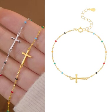 信仰｜S925纯银镀黄金色精致十字架手链欧美小众彩色滴釉圆珠配饰