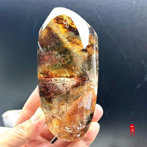 天然红黄彩绿幽灵水晶原石打磨摆件 绿色水晶聚宝盆景石手把件