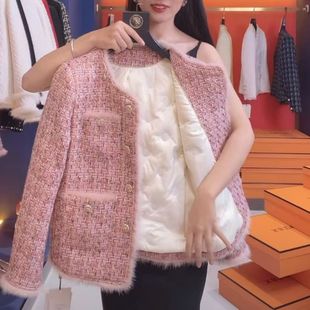 粉色小香风外套女秋冬季夹棉加厚百搭2025秋冬新款韩系温柔小个子