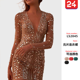 连衣裙深v长袖 ebay 短裙洒金小礼服 跨境欧美女装 2025年新款