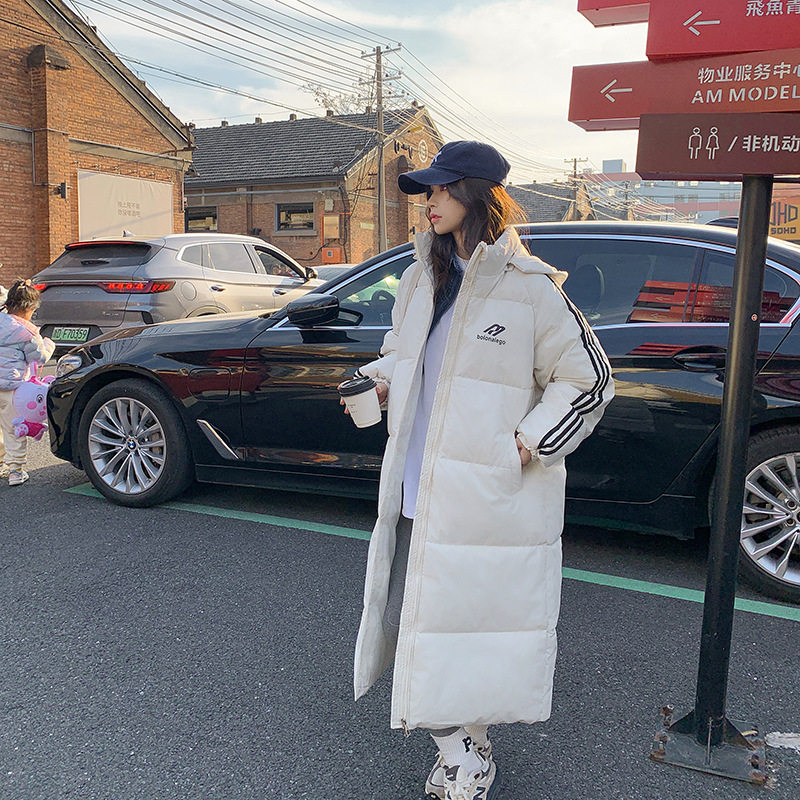 今年新款保暖棉服学生中长款过膝韩系宽松三条杠棉袄oversize外套