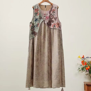 背心连衣裙 复古圆领卡其色刺绣无袖 千椿物禧原创2025中式 国风夏季