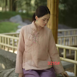 3215大吉新款绣花中式短款长袖轻薄夹棉外套女宽松直筒薄棉衣