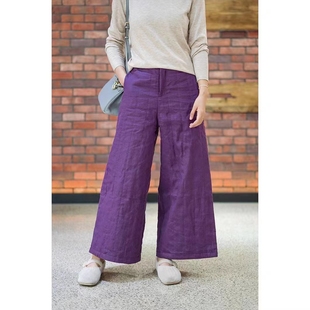 阔腿裤 大吉复古中式 松紧腰宽松休闲亚麻刺绣夹棉加厚纯色棉裤