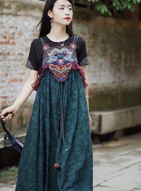 绣花女吊带裙中长款背心裙
