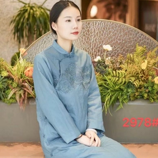 2978大吉新款绣花棉服中长款中式外套女冬装直筒薄棉衣棉服立领