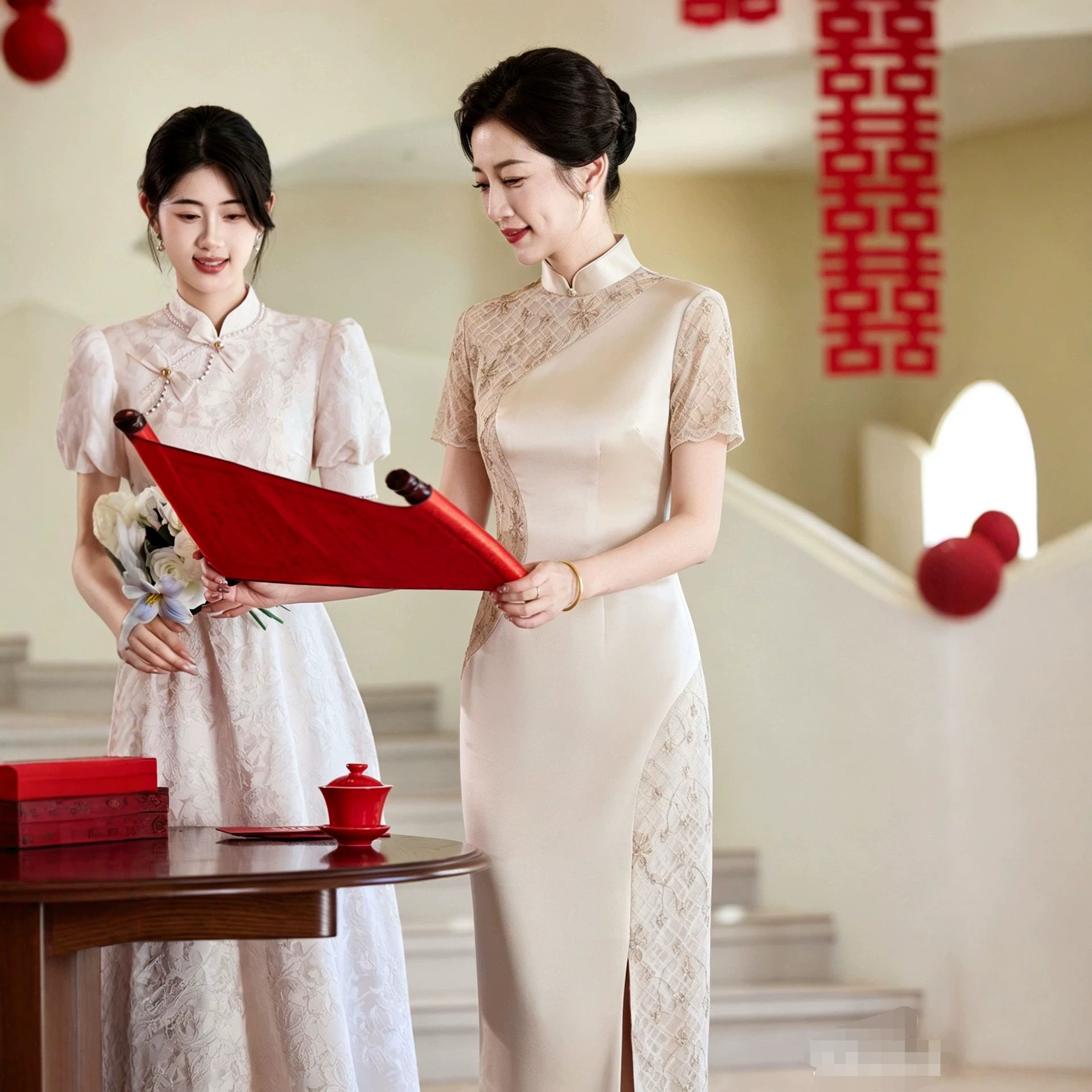 高端妈妈旗袍礼服2026春夏季新款短袖槟色年轻改良蕾丝旗袍连衣裙