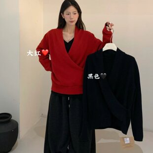 大7女装M12691冬季韩版宽松大码胖mm慵懒风法式针织年款红色毛衣
