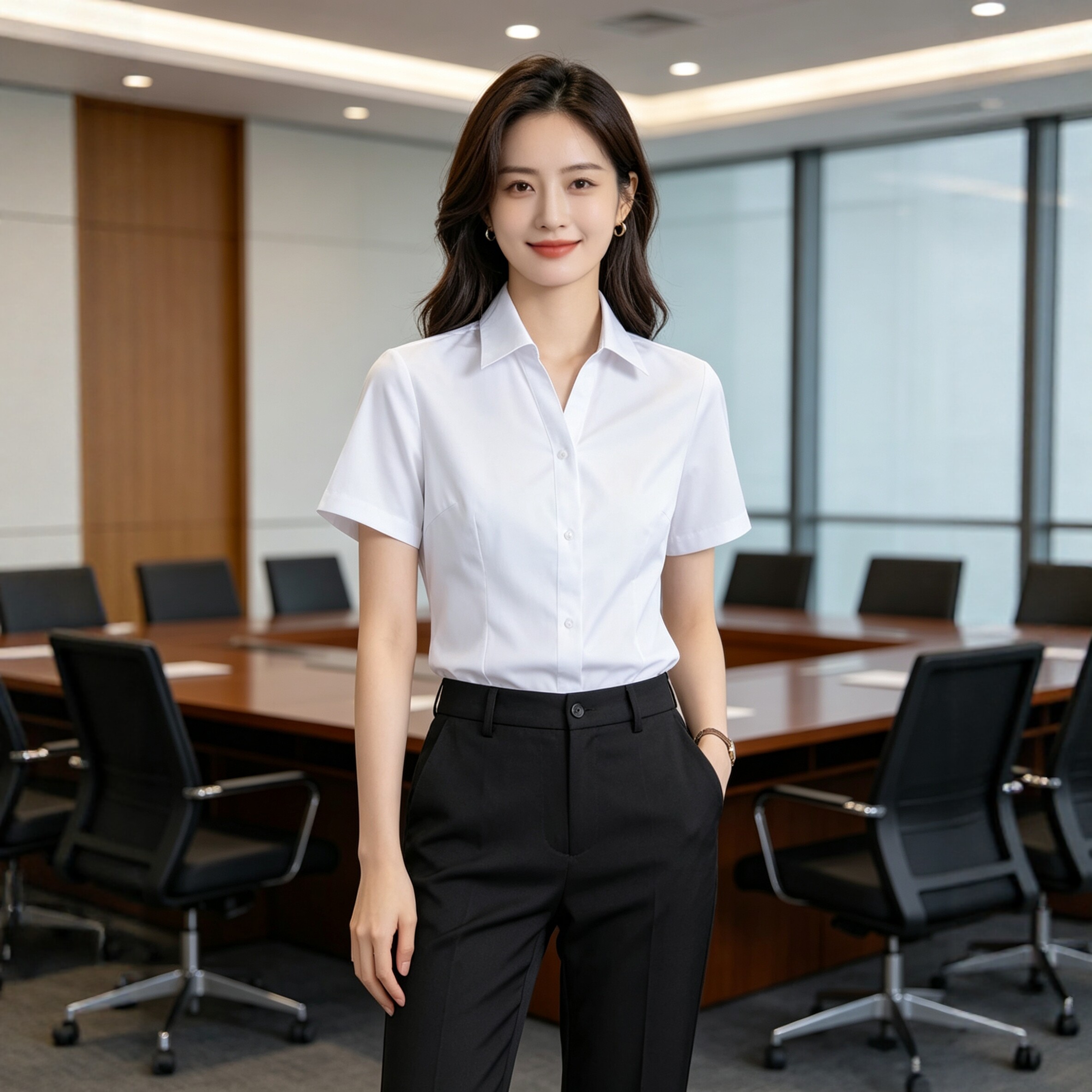 衬衫女修身正装粉色条纹衬衣短袖职业工装OL通勤长袖蓝色工作服