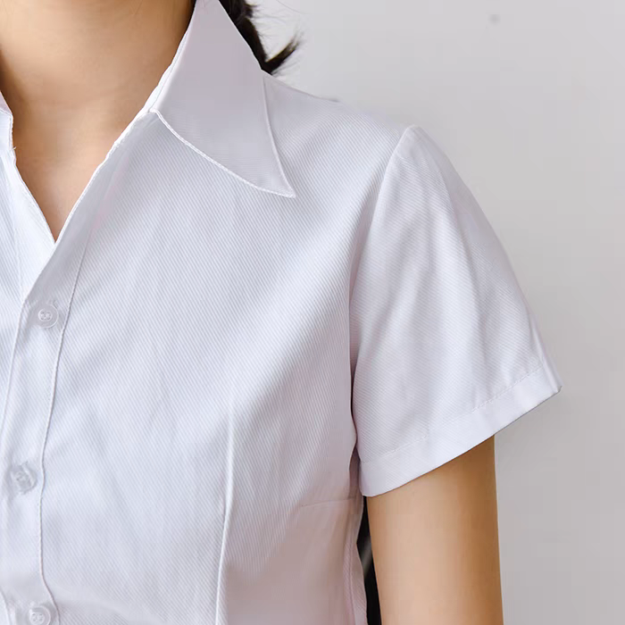 白衬衣女短袖春夏正装条纹V领蓝衬衫暗扣长袖大码工作服职业工装