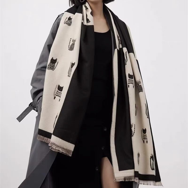 格子撞色秋冬围脖披肩两用仿羊绒