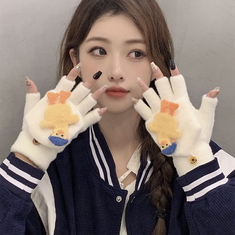 手套女生冬可触屏翻盖毛绒可爱