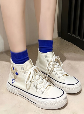 厚底松糕白色黑色高帮帆布鞋女白色圆头休闲百搭学生ins潮板鞋