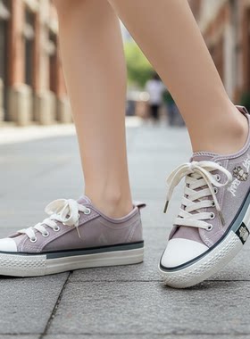 淡紫网布透气圆头交叉绑带女帆布