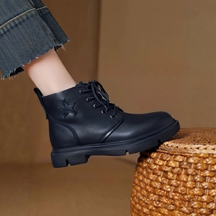 黑色马丁靴冬季真皮英伦女靴子百搭女士高帮鞋工装靴牛皮户外加绒