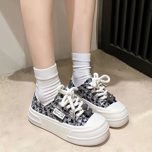 潮韩版厚底增高松糕小白鞋女印花系带休闲板鞋百搭厚底鞋子女