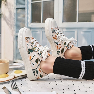 学生鞋 低帮印花系带百搭复古运动鞋 女白色圆头休闲板鞋 人本帆布鞋