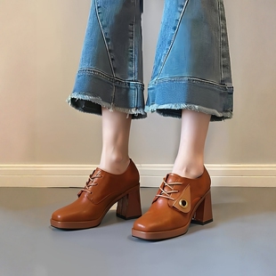 真皮系带方头厚底单鞋 新款 女2026春季 小牛皮防水台粗跟深口高跟鞋