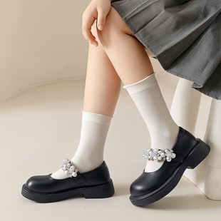 真皮儿童女童圆头学院风黑色小皮鞋女珍珠装饰玛丽珍鞋学生校服鞋