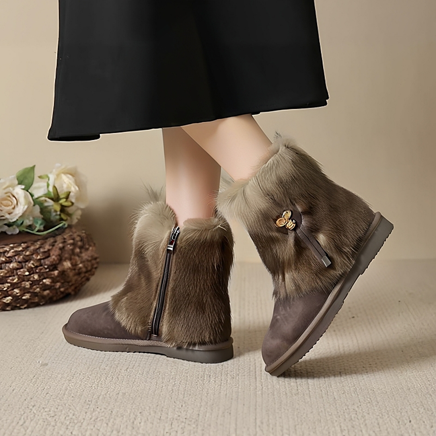 皮毛一体冬季雪地靴女中筒