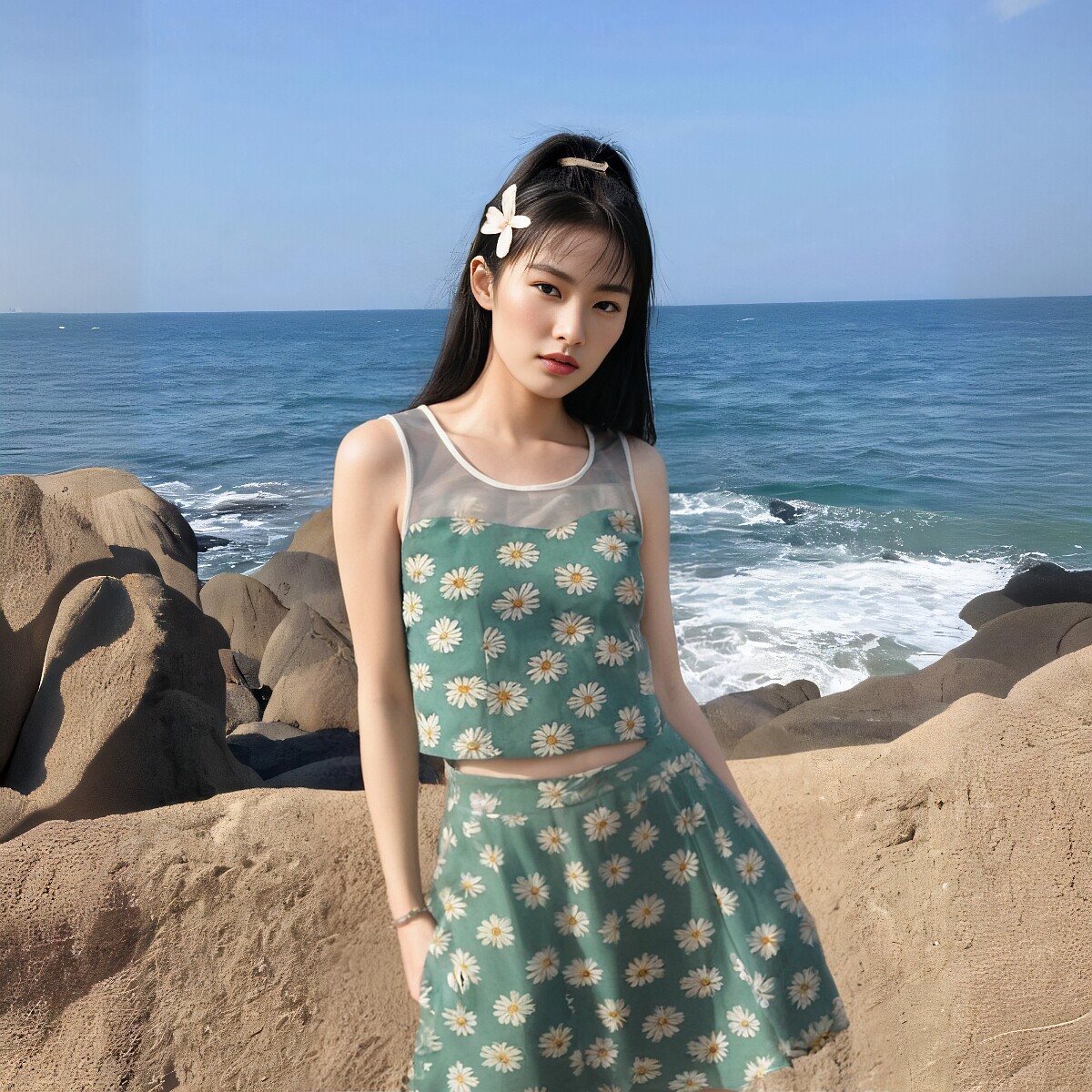 2026年夏季度假风碎花短款两件套连衣裙女小码女童款童装 - 实物图