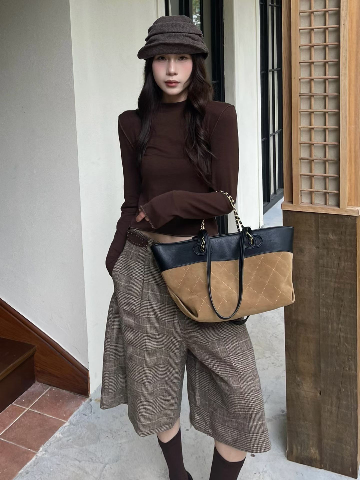 韩国小香风麂皮绒布菱格链条托特包包女腋下包撞色单肩通勤托特包