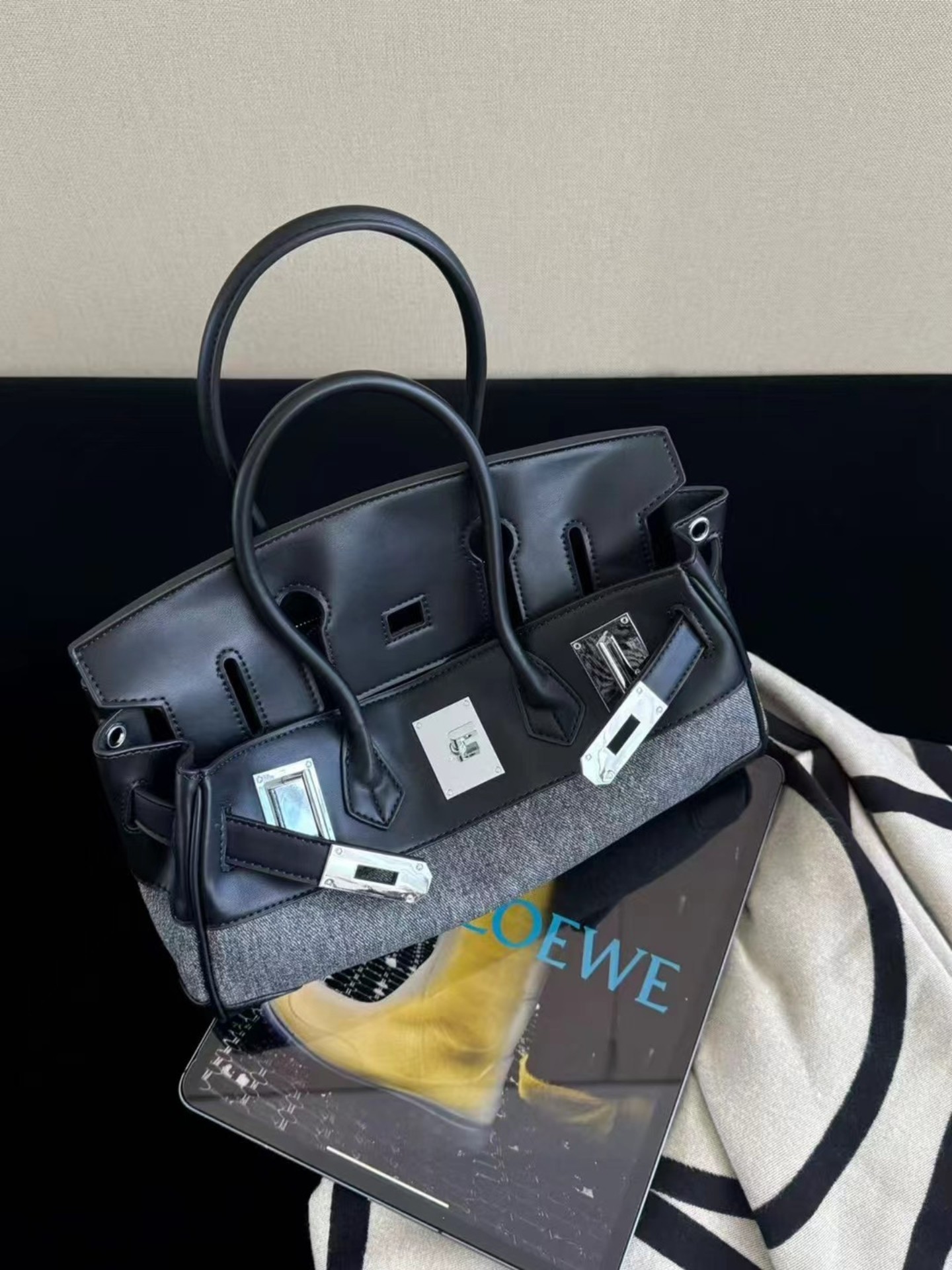 韩国拼色帆布30寸铂金包秋冬新款通勤女包手提单肩斜挎包托特包包