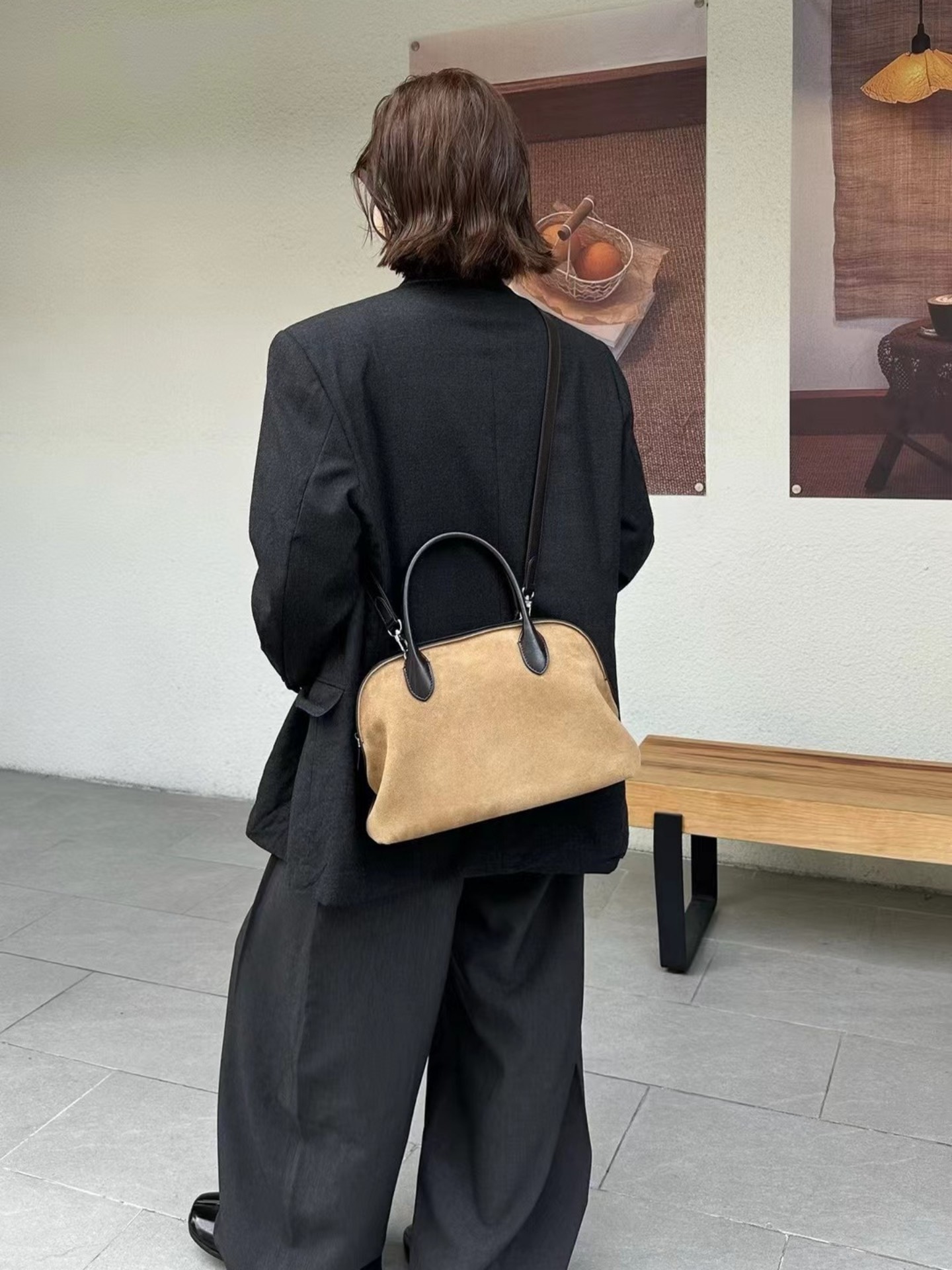 老钱风复古磨砂真皮保龄球包女手提包文艺范通勤包单肩斜挎贝壳包