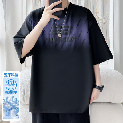 冰丝短袖T恤男圆领宽松休闲2025夏季新款潮牌大码半袖痞帅港风ins