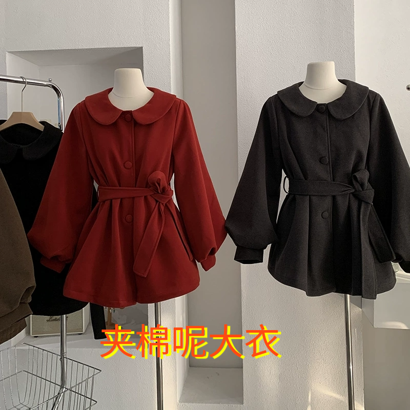 UUMM娃娃领灯笼袖设计呢子外套冬季系带收腰减龄夹棉中长款大衣女