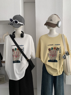 微胖大白T恤上衣 女中长款 减龄休闲字母卡通印花厚款 宽松短袖
