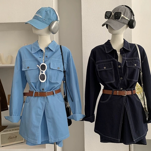 新款 韩版 春季 衬衫 设计感减龄高腰屁帘两件套 复古宽松单排扣长袖