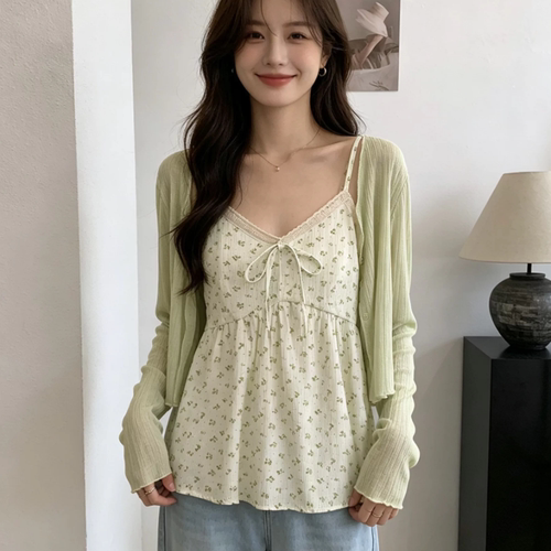 2026夏季新款甜美小清新碎花蝴蝶结吊带叠穿外搭长袖开衫两件套