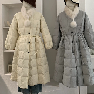 褶皱感大棉被甜美风中长款 羽绒服外套女大摆收腰显瘦毛领围脖棉服
