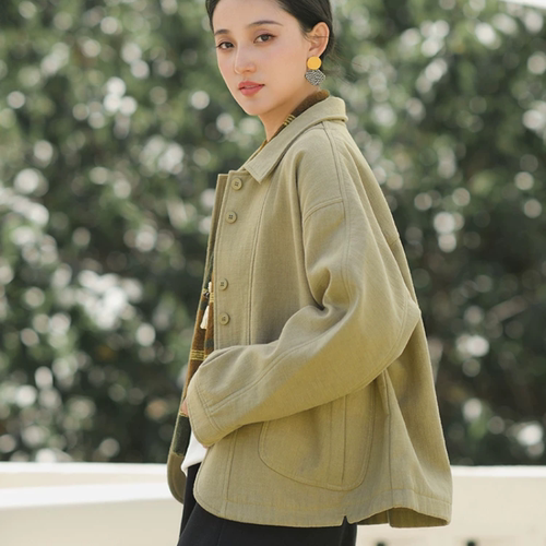 棉麻加绒外套开衫女2026冬季新款复古设计感翻领保暖复古上衣女