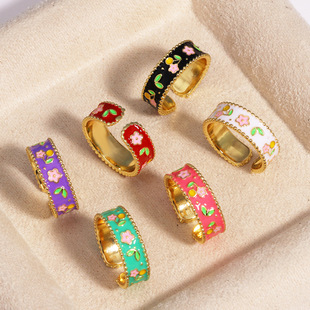 爆款红色珐琅滴油四叶花瓣戒指女法式复古轻奢宽体开口戒指环