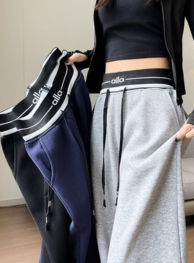 藏青色运动卫裤女春秋季2026新款高腰宽松阔腿裤显瘦直筒休闲裤子