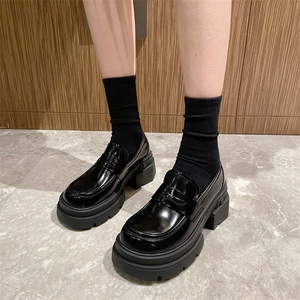 真皮英伦风时尚小皮鞋女2023秋新款百搭厚底增高乐福鞋一脚蹬单鞋