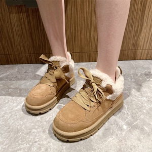 真皮保暖棉鞋冬季加绒女鞋2023新款厚底毛毛鞋面包鞋羊羔毛雪地靴