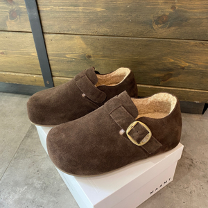 真皮厚底内增高加绒勃肯鞋女2025秋季新款舒适百搭一脚蹬皮扣棉鞋