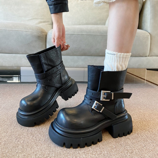 真皮厚底增高马丁靴女2025秋季新款英伦风百搭短筒靴子大头机车靴