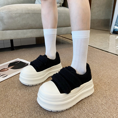 增高厚底魔术贴毛呢面包鞋女2025冬季新款小个子百搭休闲板鞋潮款