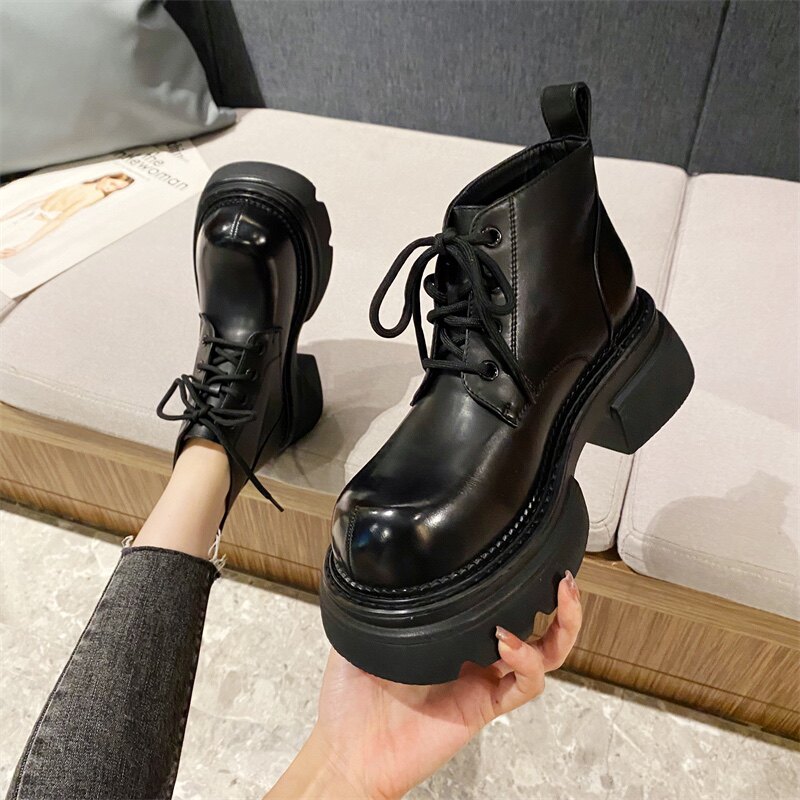 欧美厚底复古马丁靴女原宿软妹松糕底小个子增高系带经典大头短靴