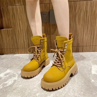 韩国真牛皮炸街马丁靴女2025春季 粗跟系带厚底真皮短靴大黄靴 新款