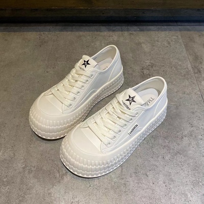 娃娃头真皮小白鞋女2024新款春季百搭系带厚底休闲板鞋透气饼干鞋