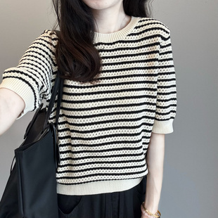 女 高质感太喜欢啦 100%棉缕空黑白条纹短袖 针织衫 毛衣短袖