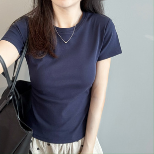 純色基礎(chǔ)正肩短袖 T恤女后開衩掐腰顯瘦百搭上衣夏 版 舒適修身