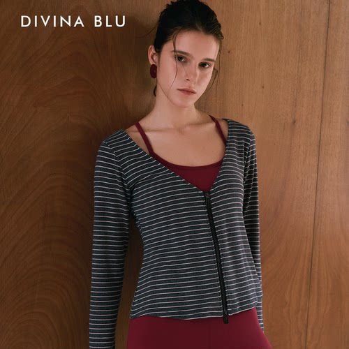 DIVINA BLU迪唯纳波尔图双拉链条纹V领瑜伽运动长袖外搭外套S165
